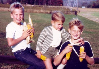 Deren brothers collect hardened cow corn to later shuck and throw at each other, Ivyland, Pennsylvania.